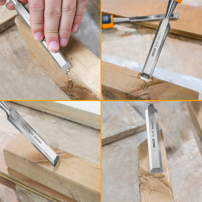 INGCO Wood Chisel, Cr-V | 120mm Width, 15°Bevel Edged, Bi-Material Soft and Shock-Absorbing Grip and Steel Striking Cap Wood Chisel with Hammer End for Woodworking, Carving