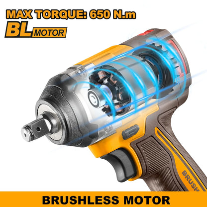 Ingco Brushless Impact Wrench, Nut-Busting Torque 650Nm, 20V Cordless 1/2 Inch Battery Impact Gun, 2200RPM with 2 PCS 4.0 Ah Battery Packs and Fast Charger