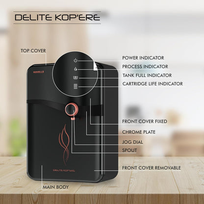 Havells Delite Kop'ere Water Purifier (Black), RO+UV+pH Balance, 7 Stages, 6.5L Stainless Steel Tank,Copper+Zinc+Minerals, Suitable for Borewell, Tanker & Municipal Water