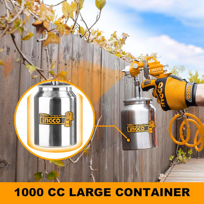 INGCO Air Spray Gun, 1000ml Capacity, 3-4 Bar Operating Pressure, 1.5mm Nozzles Stainless Steel, 200 l/min,Pneumatic Tool Suitable for Base Coat Spray Gun for Auto Paint