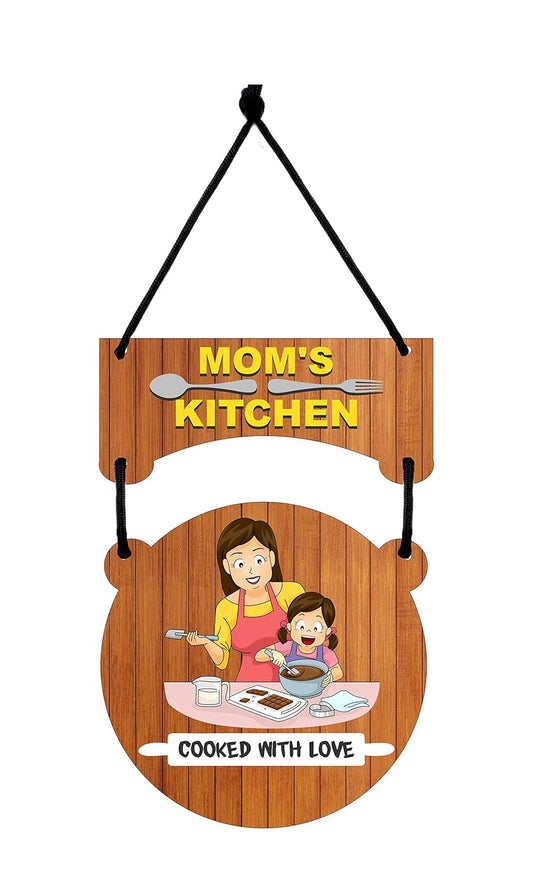 Udaipur Handicrafts Mom's Kitchen Printed Home Wall Door Sign Hanging Board Wooden (8.5inch x 11inch)