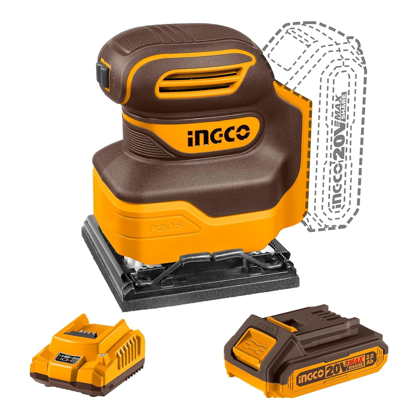 INGCO Cordless Sheet Sander,12000 RPM, With Battery and Charger, With 5 PCS sand paper
