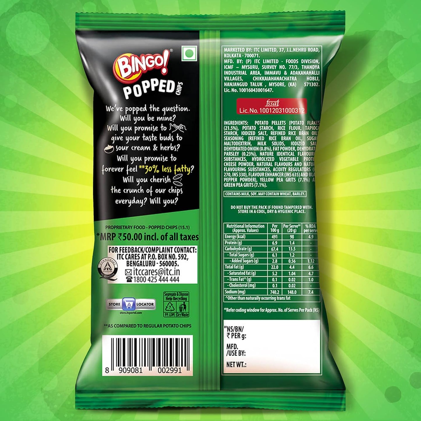 Bingo! Popped Chips – Airy, Crunchy, Zero-Gravity Snacks with 30% Less Fat (Sour Creme Flavour) – Not Fried, Not Baked, Just Popped! – 51.2g/48G(weight may vary)