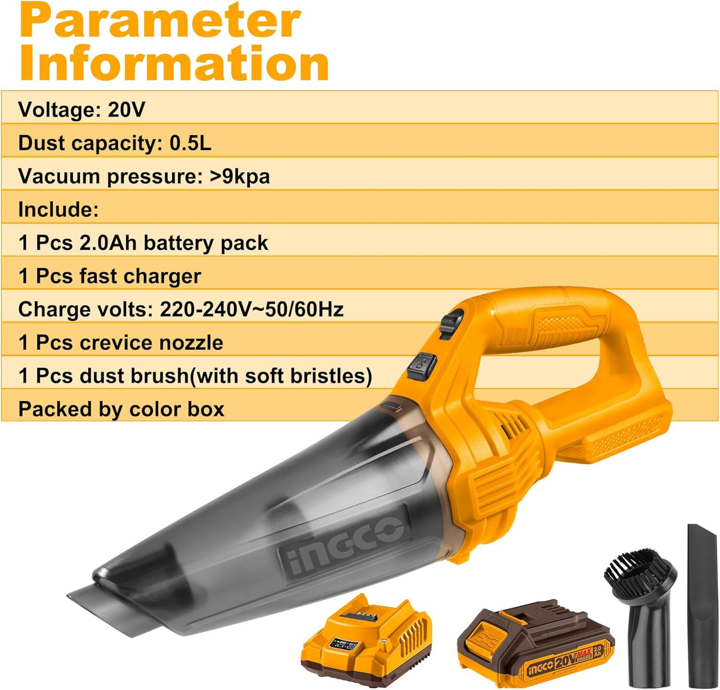 Ingco 20V Cordless Handheld Vacuum Cleaner Electric Portable Lightweight Vacuum with 1Pcs 2.0Ah battery and Charger for Car Bench Table CVLI20126