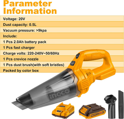 Ingco 20V Cordless Handheld Vacuum Cleaner Electric Portable Lightweight Vacuum with 1Pcs 2.0Ah battery and Charger for Car Bench Table CVLI20126
