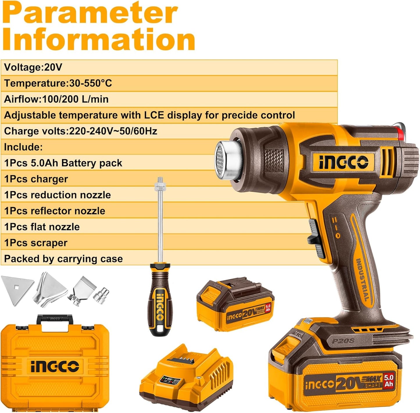 INGCO 20V Cordless Hot Air Gun Max 1022°F (550°C), 100/200 L/min, Adjustable Temperature with LCD Display, with 1Pcs 5.0Ah Battery and Charger HGLI20035