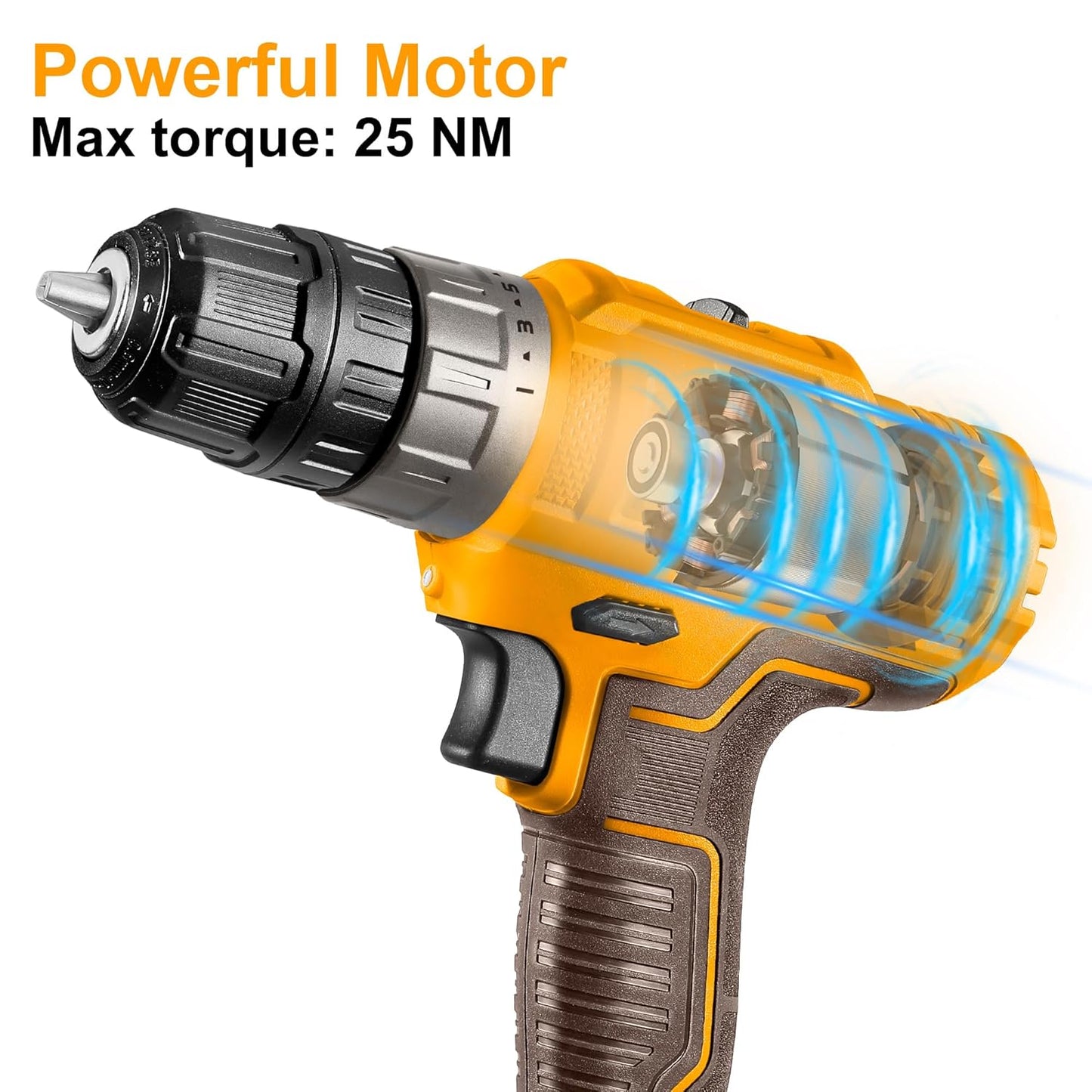 Ingco 12V Cordless Drill With 2 Pcs Batteryies, Charger, Plastic Chuck, 1 Pcs Drill Bit, 25Nm, 1500 Rpm, 0.8-10Mm, 5+1 Torque, Variable Speed, Led, Yellow,Brown