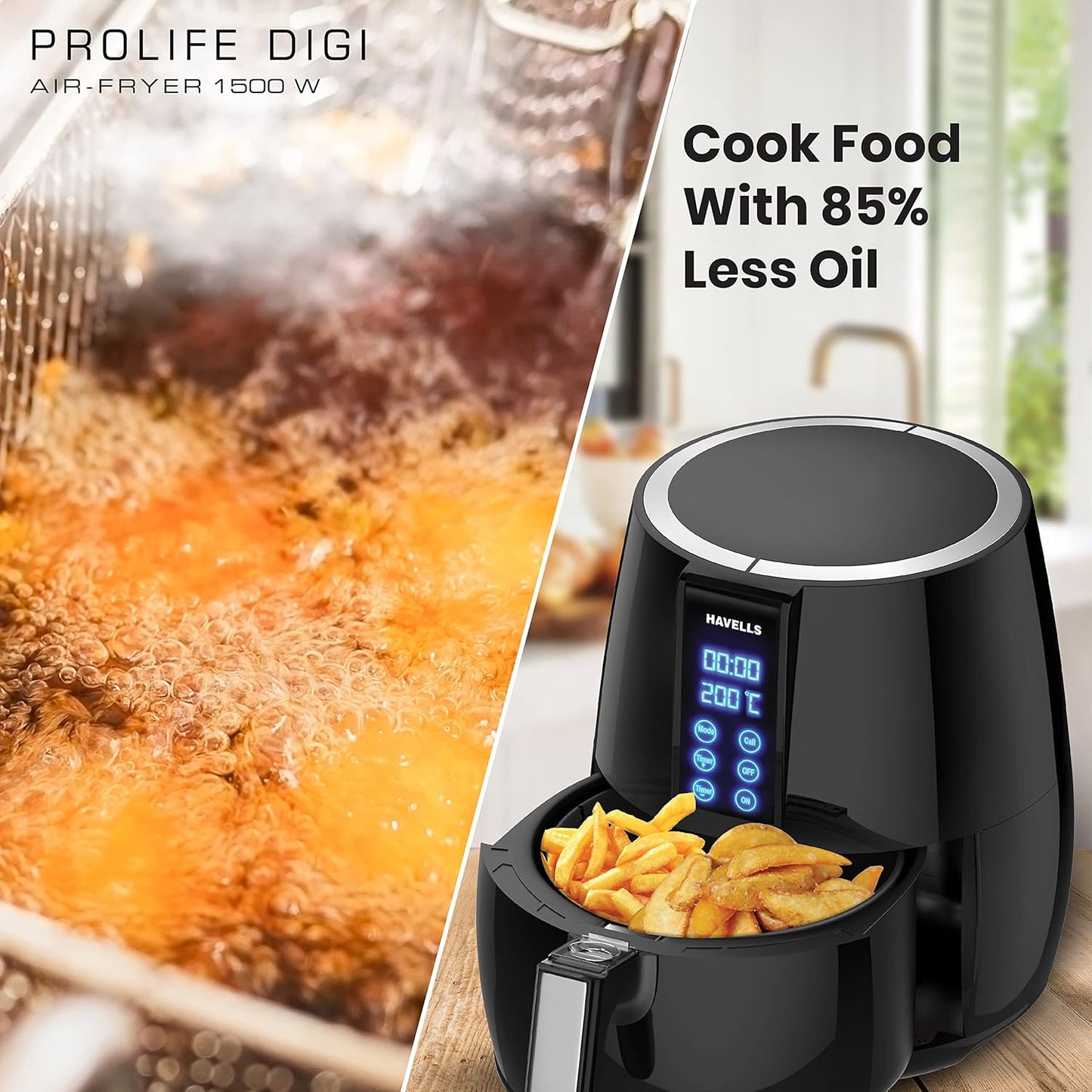 Havells Air Fryer Prolife Digi with 4L Capacity | Digital Touch Panel | Auto On/Off | 60 Min Timer | Basket Release Button | Air Filtration System | 2 Yr Warranty, Black|1230W