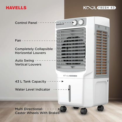 Havells KoolFresh 43 L Personal Air Cooler for Room|Powerful Air-Delivery|Dual Flow Technology|Fan & 3 Side Bacteria Shield Honeycomb Pads|Ice Chamber|Fully Collapsible Louvers|Front Wheel with Brakes