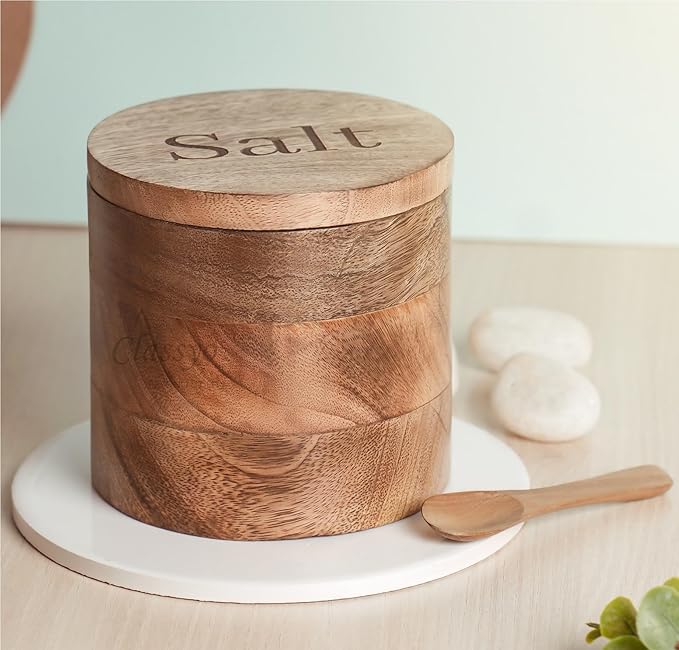 Udaipur Handicrafts Wooden Salt Container with Spoon, Salt Jar for Kitchen, Airtight Box (5 inch x 5 inch)
