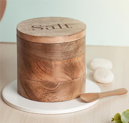 Udaipur Handicrafts Wooden Salt Container with Spoon, Salt Jar for Kitchen, Airtight Box (5 inch x 5 inch)