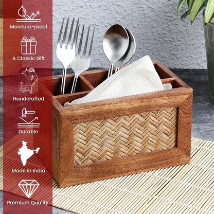 Udaipur Handicrafts Hand Crafted Acacia Wood Chatai Four Part Spoon Holder| Cutlery Holder| Kitchen Caddy | Wooden Cutlery Rack for Kitchen | Wooden Spoon Stand for Dining Table