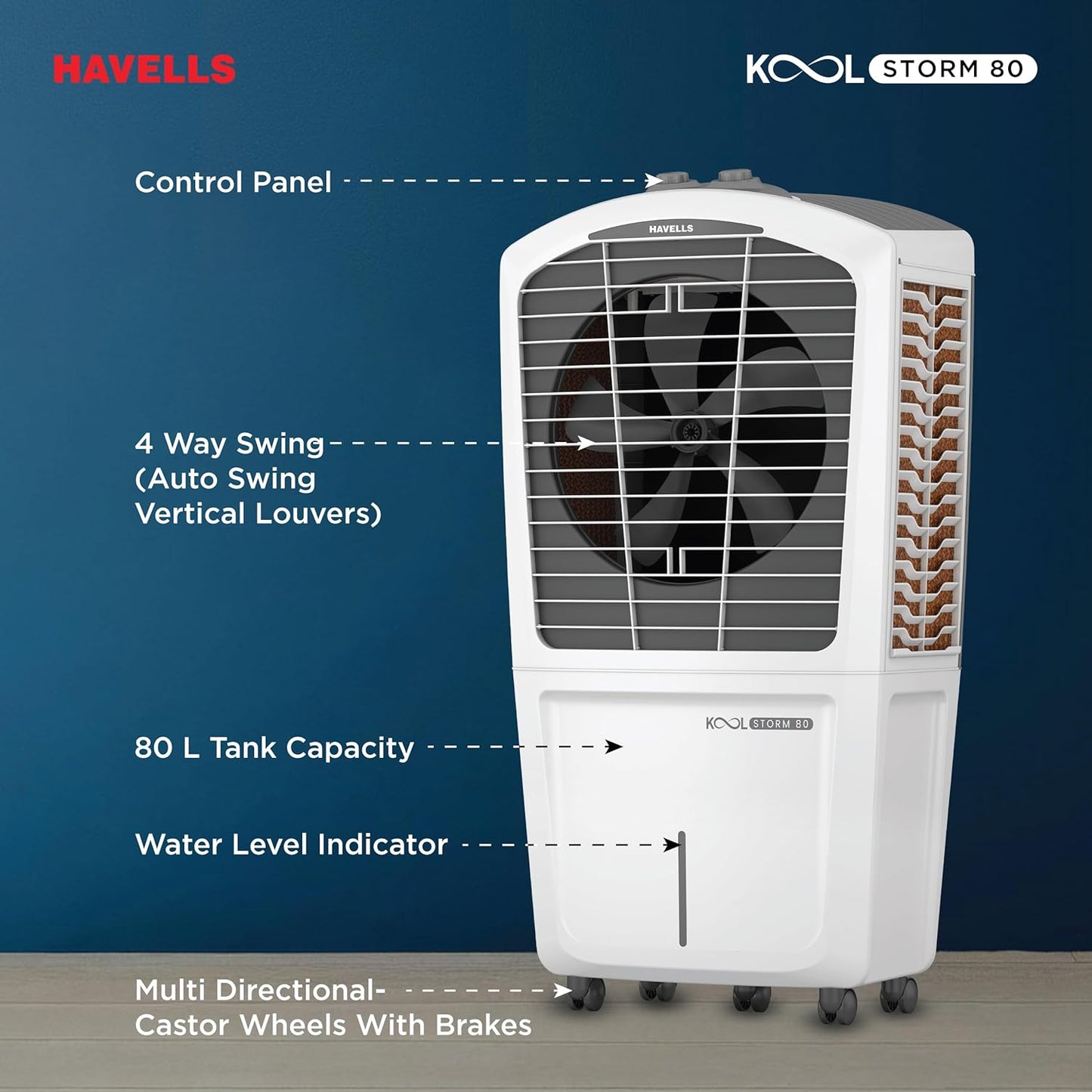 Havells KoolStorm 80 L Desert Air Cooler for Home/Office|Powerful Air-Delivery|Dual Flow Technology| Bacteria Shield Honeycomb Pads|XXL Ice Chamber| Ice Chill Drip Technology|Front Wheels with brakes