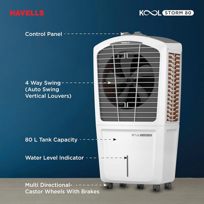 Havells KoolStorm 80 L Desert Air Cooler for Home/Office|Powerful Air-Delivery|Dual Flow Technology| Bacteria Shield Honeycomb Pads|XXL Ice Chamber| Ice Chill Drip Technology|Front Wheels with brakes