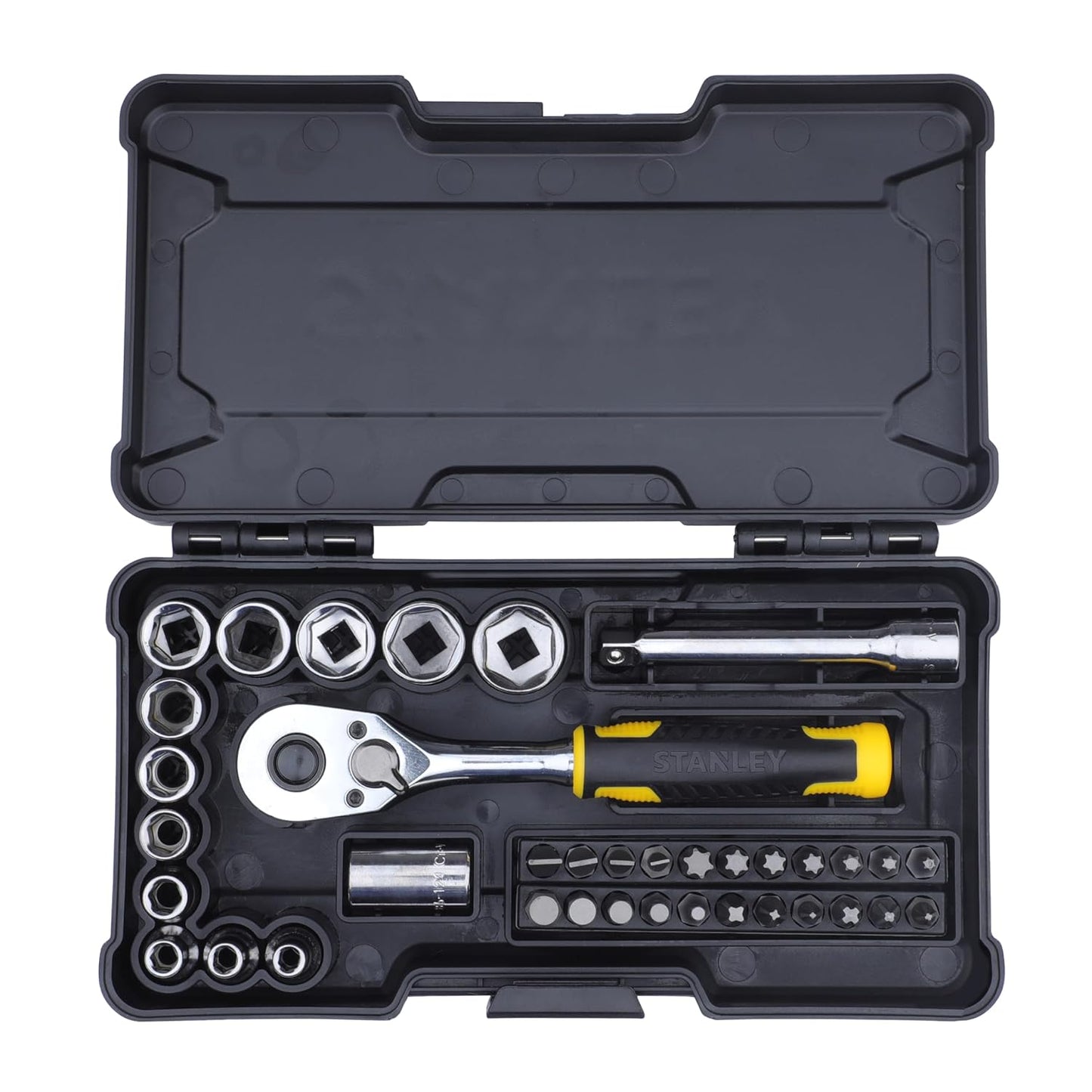 STANLEY STMT82672-0 1/4" 37-PIECE Chrome Compact Socket Set, Comes with Heavy-Duty Plastic Case, Ideal for Home, DIY, Industrial & Professional Use, Used for Screwing & Tightening Applications, BLACK