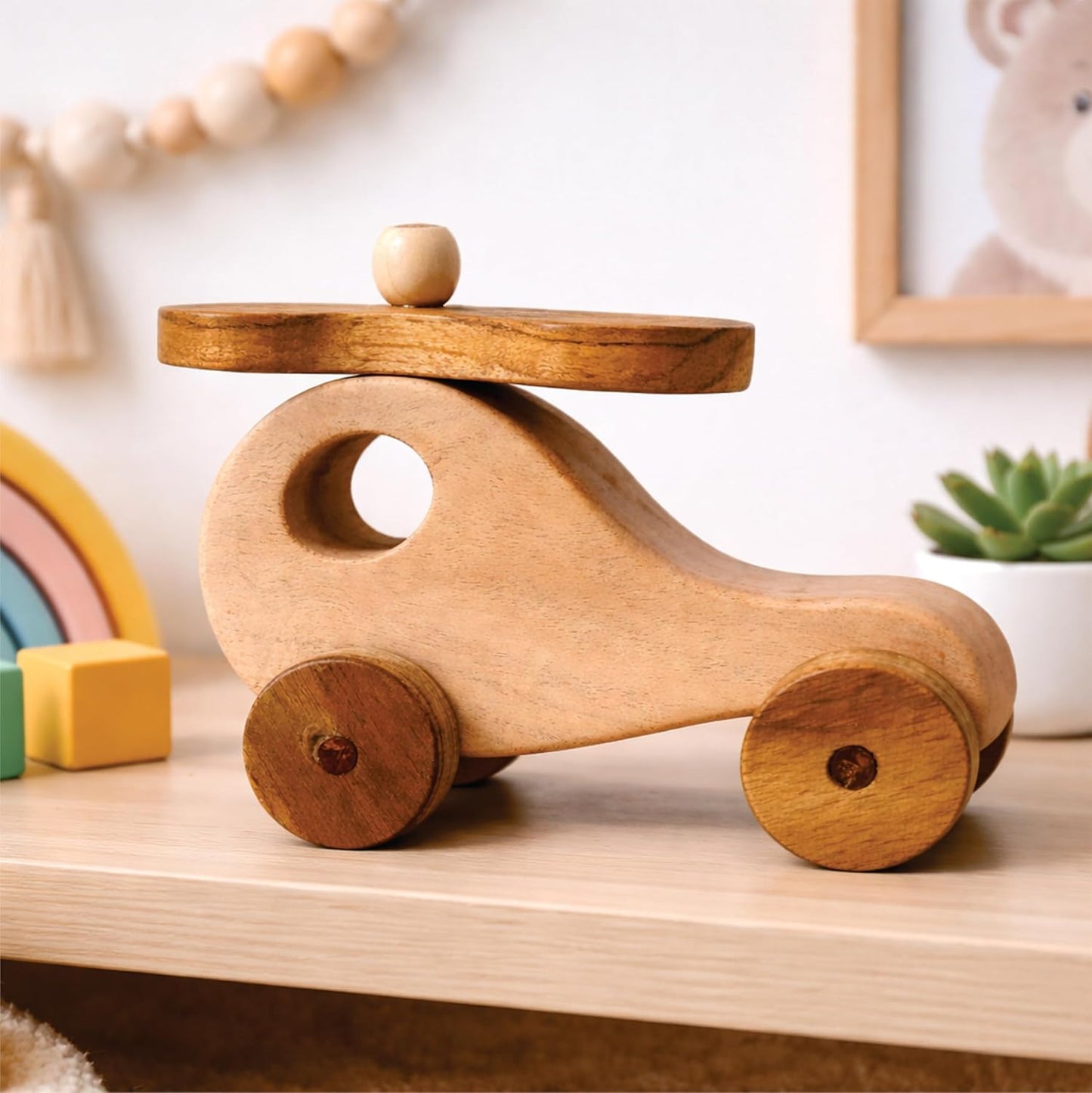 UdrCrafts® Wooden Helicopter Toy for Kids | Natural Neem Wood | Smooth Wheels | No Metal & Chemical Free | Eco-Friendly Toddler Toy