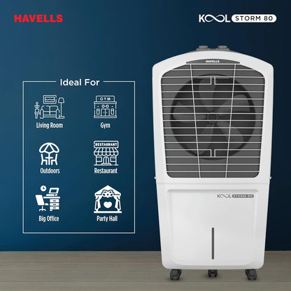 Havells KoolStorm 80 L Desert Air Cooler for Home/Office|Powerful Air-Delivery|Dual Flow Technology| Bacteria Shield Honeycomb Pads|XXL Ice Chamber| Ice Chill Drip Technology|Front Wheels with brakes