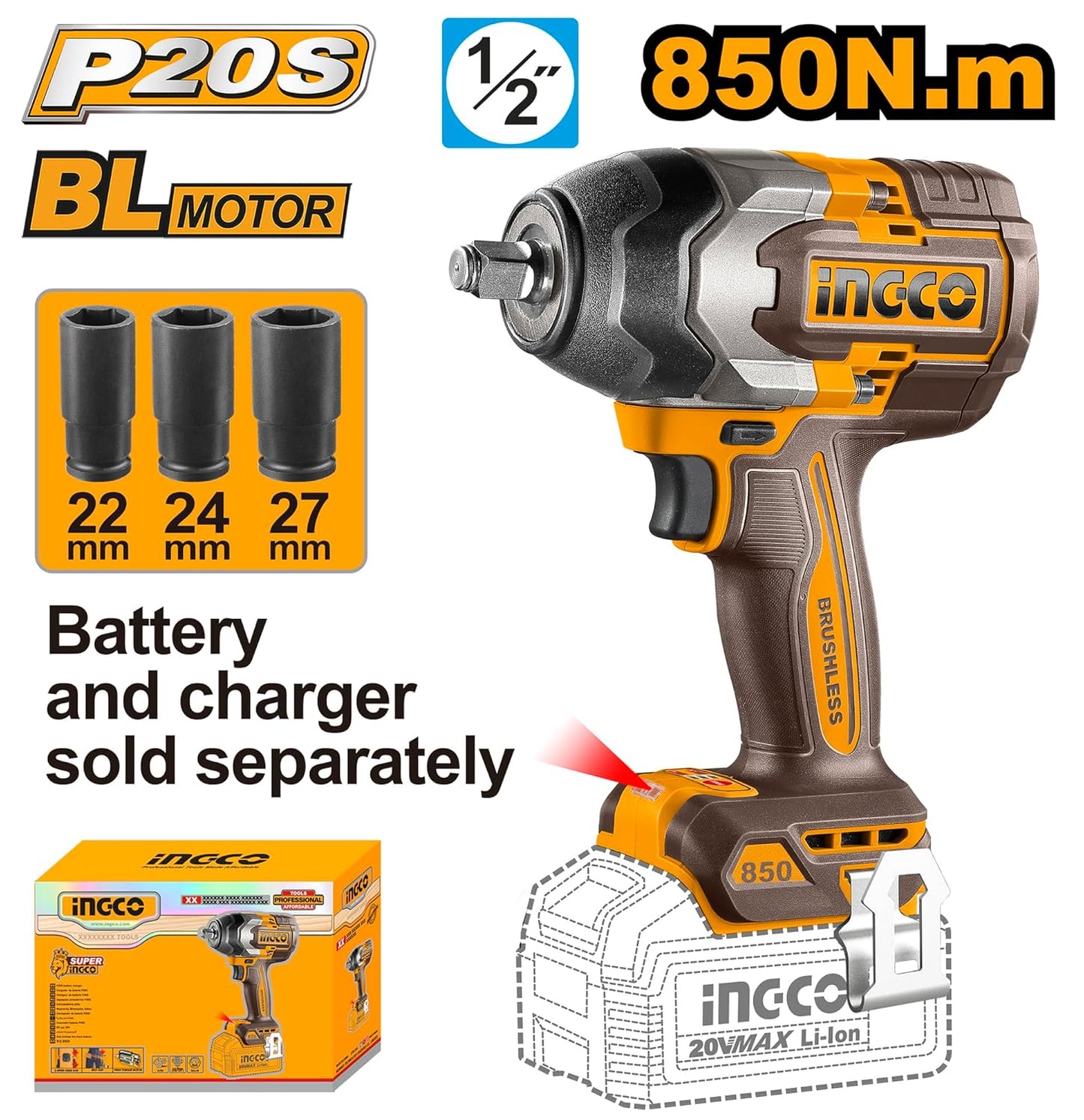 INGCO Cordless 4 pcs combo kit With 2 pcs Cordless impact wrenches, With 2 pcs Cordless work lamps COSLI250782