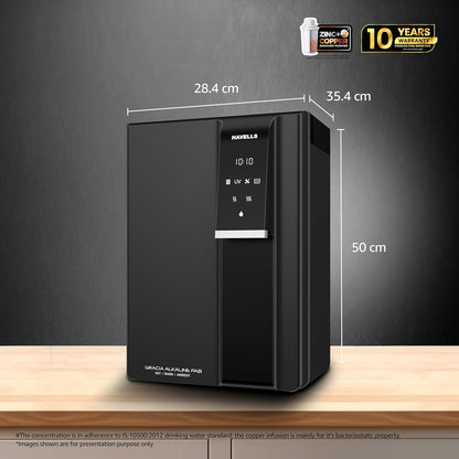 Havells Gracia FAB Alkaline Water Purifier (Black), RO+UV+Alkaline, Hot, Warm & Ambient Water, Copper+Zinc+Minerals, 9 Stage Purification, 6.5L SS Tank, Suitable for Borewell, Tanker & Municipal Water