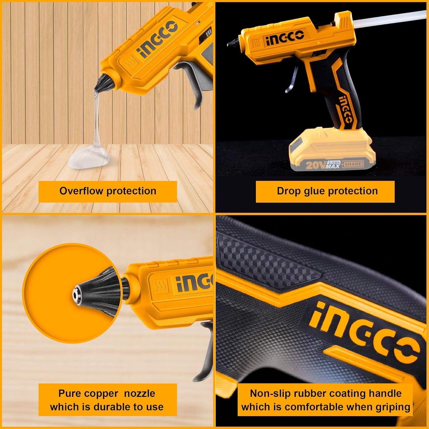 INGCO 20V Cordless Glue Gun, Battery & Charger not Included, 15-18g/min | 11.2mm Glue stick diameter | 60s Heat-up time Mini Hot Glue Gun With 3 pcs Glue Sticks for Crafts DIY Arts Home Quick Repairs