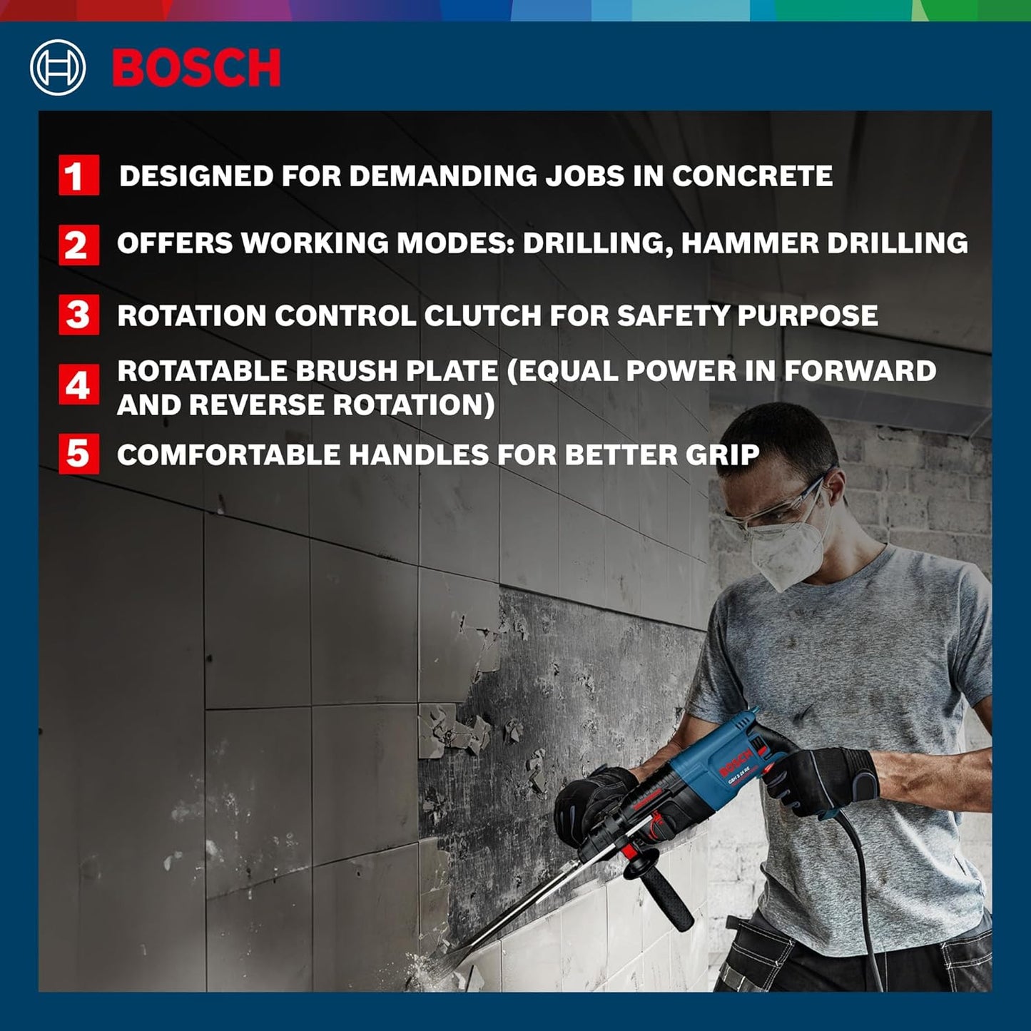 BOSCH GBH 2-26 RE Professional Rotary Hammer - SDS Plus | 800 W | SDS Plus Tool Holder | Rated Speed 0-900 rpm | Impact Rate 0-4000 BPM | Impact energy 0-2.7 J| Rotation Control Clutch | 1 Yr Warranty
