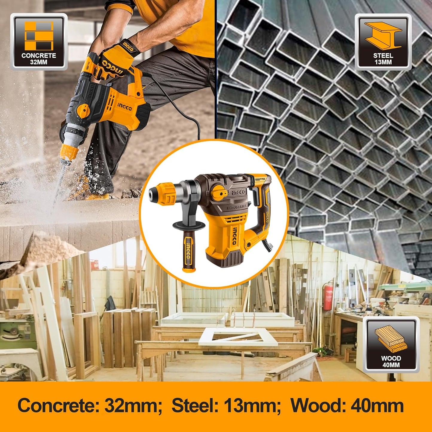 Ingco Hammer Drill Machine, 1500W Rotary Hammer Drill Machine Heavy Duty Grip Handle Concrete Metal And Woodworking For Home & Industrial Use, Yellow,Brown