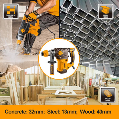 Ingco Hammer Drill Machine, 1500W Rotary Hammer Drill Machine Heavy Duty Grip Handle Concrete Metal And Woodworking For Home & Industrial Use, Yellow,Brown