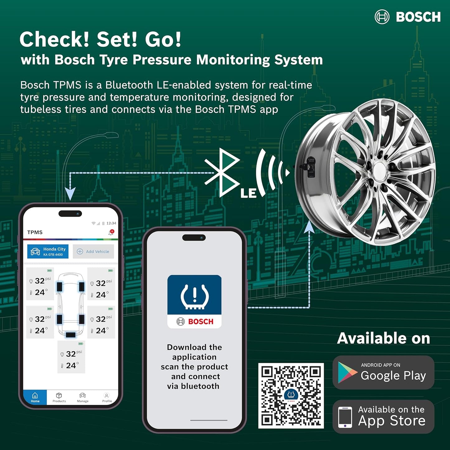 Bosch Tyre Pressure Monitoring System (TPMS) for Cars with tubeless Tyres | Pack of 4 sensors | Real-Time Tracking & Alerts via Mobile App | 5-Year Warranty