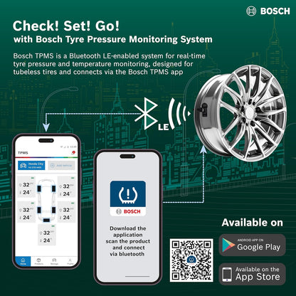 Bosch Tyre Pressure Monitoring System (TPMS) for Cars with tubeless Tyres | Pack of 4 sensors | Real-Time Tracking & Alerts via Mobile App | 5-Year Warranty