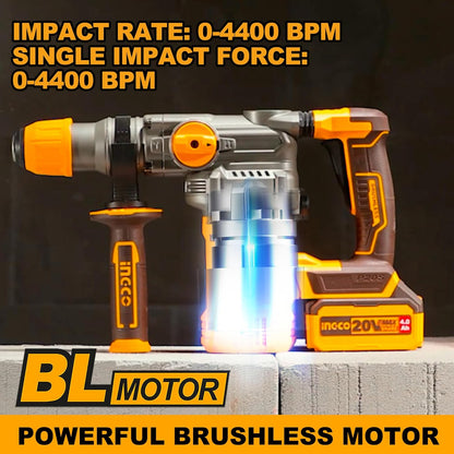 INGCO Lithium-Ion 20V Brushless Rotary Hammer, Φ28 in Concrete, 4.5J, 930RPM, 4400BPM, 3IN1 Function with 2Pcs 4.0Ah Battery and Fast Charger, Packed by Carrying Case