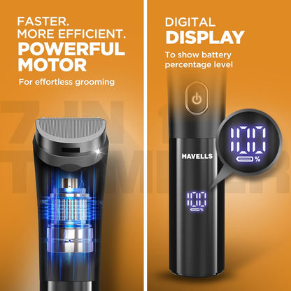 Havells Beard & Hair 7 in 1 Trimmer |2-in-1 Special Blade| Comes with 4 Beard & 2 Hair Combs| Real Time Digital Display| Type C Turbo Charge| No Nicks & Cuts|2 Year Guarantee|BT6661
