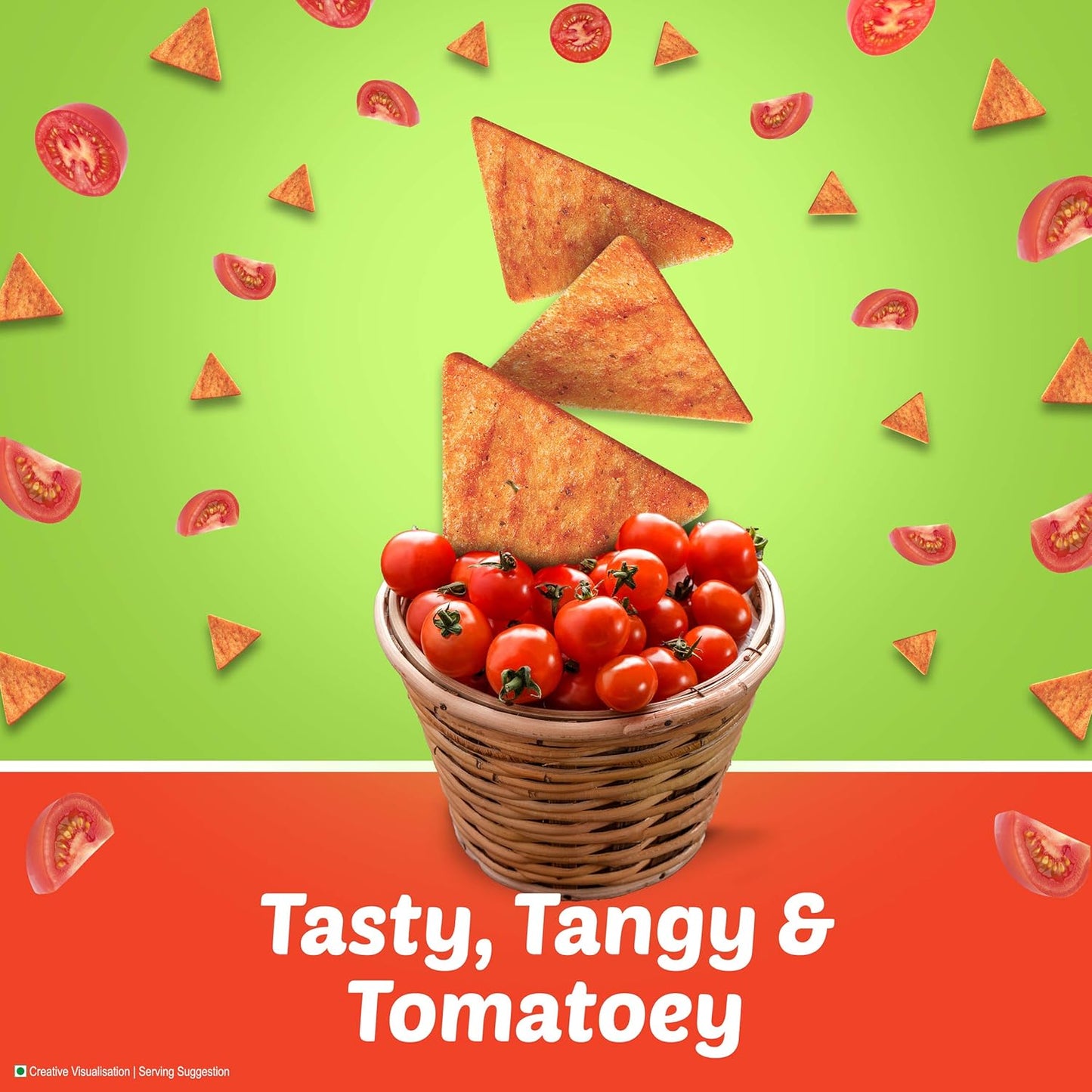 Bingo! Mad Angles Tomato Madness | Tangy & Crispy Tomato Flavoured Corn-Based Triangle Chips| Pack for Snacks - 64g/60g( weight May Vary)
