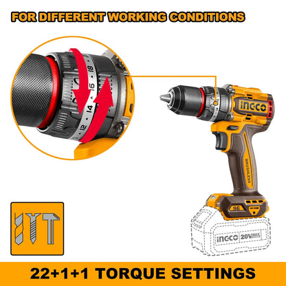INGCO Cordless Impact Drill 96NM, 20V Brushless Combi Drill, 13mm Chuck, 22+1+1 Torque, 2 Speed, LED Work Light with 2Pcs 4.0Ah Battery And 1Pcs Charger Perfect for Home, Garden DIY Project