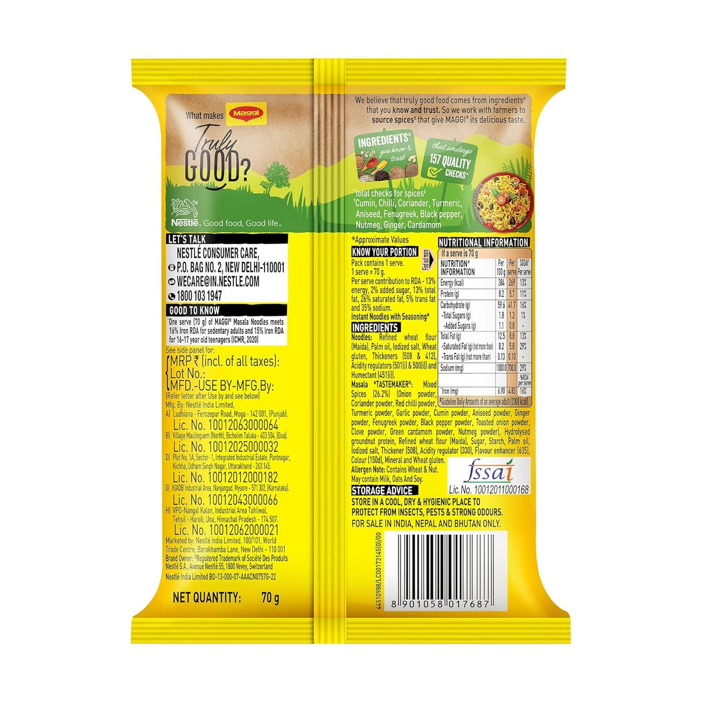 MAGGI 2-Minute Instant Noodles, Favourite Masala Taste, Masala Noodles With Goodness Of Iron, Made With Choicest Quality Spices, 70g/72g/75g Pouch (weight may vary)