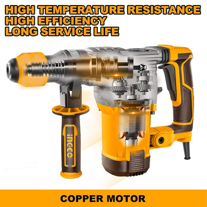Ingco Hammer Drill Machine, 1500W Rotary Hammer Drill Machine Heavy Duty For Concrete Metal And Woodworking For Home & Industrial Use, Multicolor