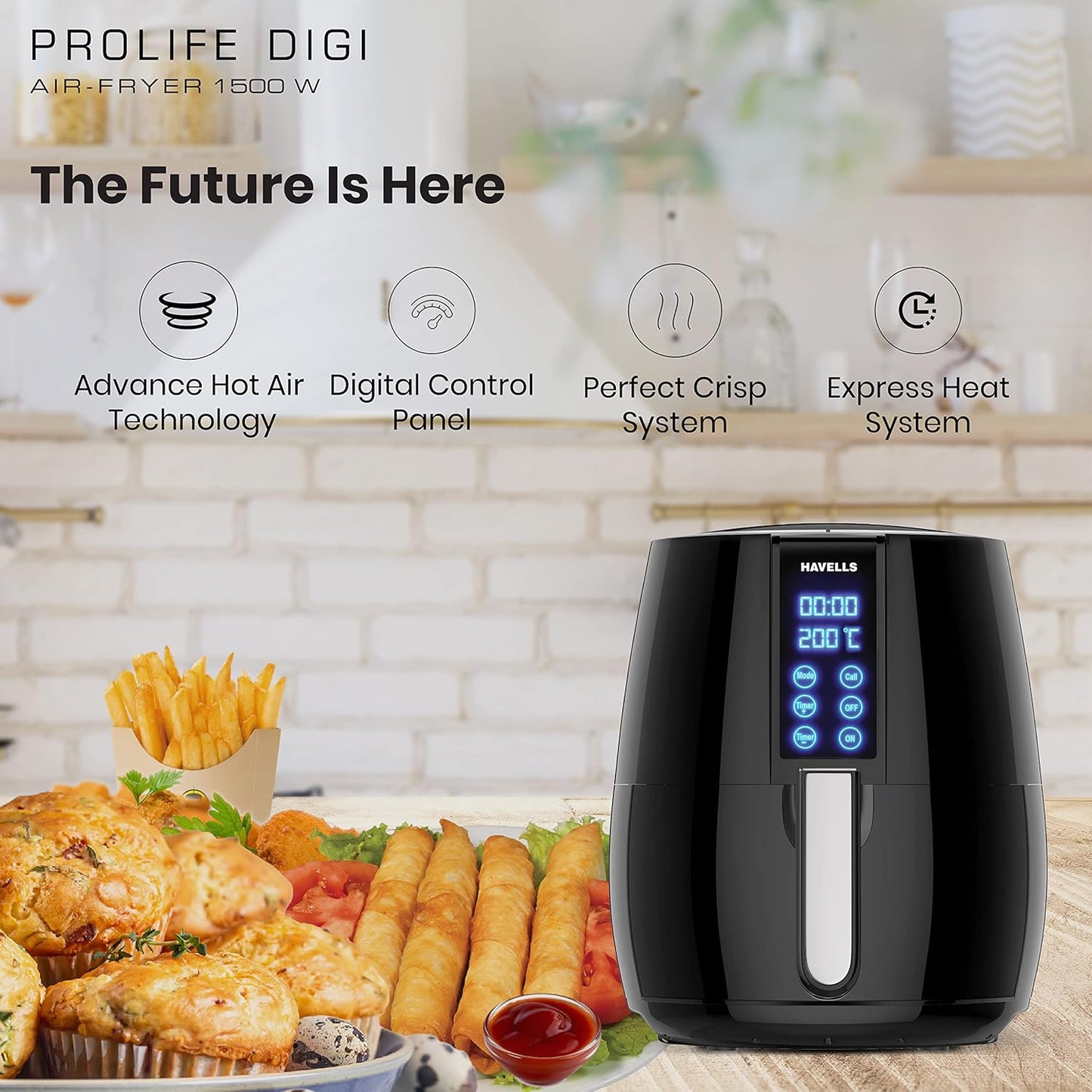 Havells Air Fryer Prolife Digi with 4L Capacity | Digital Touch Panel | Auto On/Off | 60 Min Timer | Basket Release Button | Air Filtration System | 2 Yr Warranty, Black|1230W