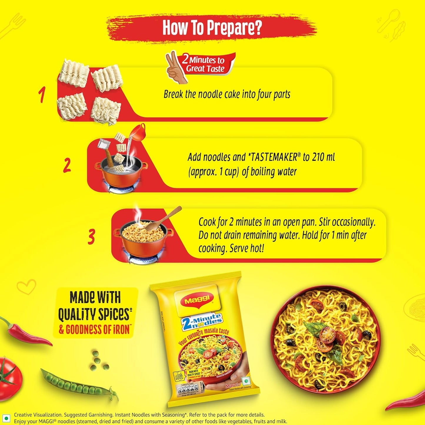 MAGGI 2-Minute Instant Noodles, Favourite Masala Taste, Masala Noodles With Goodness Of Iron, Made With Choicest Quality Spices, 70g/72g/75g Pouch (weight may vary)