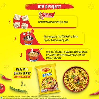 MAGGI 2-Minute Instant Noodles, Favourite Masala Taste, Masala Noodles With Goodness Of Iron, Made With Choicest Quality Spices, 70g/72g/75g Pouch (weight may vary)