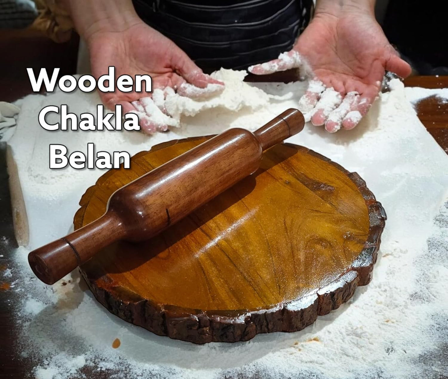 Udaipur Handicrafts Sheesham Wood Chakla Belan Set | Rustic Roti Rolling Board with Natural Bark Edge & Solid Rolling Pin | Made in India | No Chemical Polish 10.5 Inch (Brown)