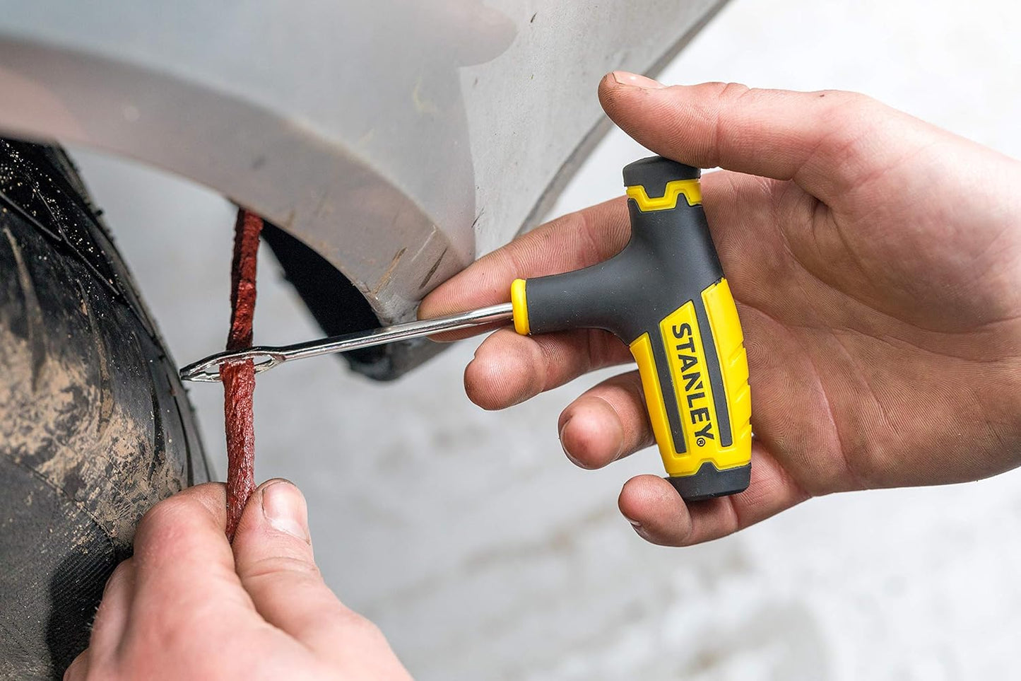 STANLEY STHT80891-0 Flat Tubeless Tyre Repair Kit for Cars and Bikes, Easily Fix Punctures WITHOUT Removing Tire from Rim, Comes with Reamer & Plugger Tool and 5 Plugs, Yellow and Black