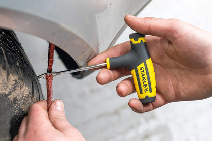 STANLEY STHT80891-0 Flat Tubeless Tyre Repair Kit for Cars and Bikes, Easily Fix Punctures WITHOUT Removing Tire from Rim, Comes with Reamer & Plugger Tool and 5 Plugs, Yellow and Black