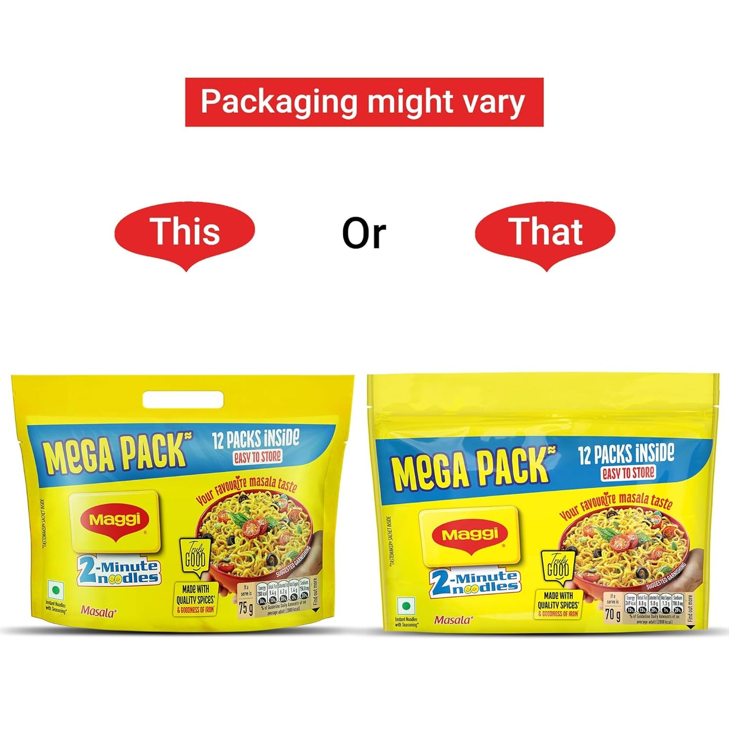 MAGGI 2-Minute Instant Noodles, Favourite Masala Taste, Masala Noodles With Goodness Of Iron, Made With Choicest Quality Spices, 840/900g Pouch (Pack of 12, 70/75g each) (weight may vary)