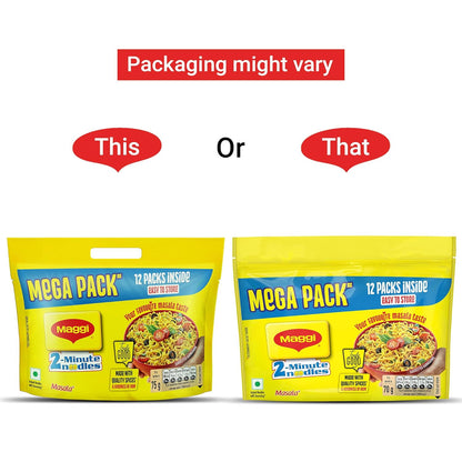 MAGGI 2-Minute Instant Noodles, Favourite Masala Taste, Masala Noodles With Goodness Of Iron, Made With Choicest Quality Spices, 840/900g Pouch (Pack of 12, 70/75g each) (weight may vary)