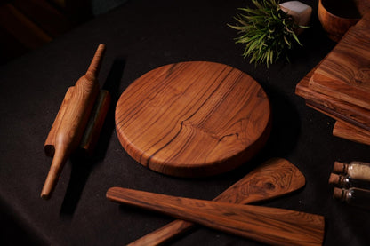 Udaipur Handicrafts Wood chakla belan Set | chapati Board, (10x10x1.5 Inches) | chakla belan Stand and 2 spatulas Free I (Chakla Block Set)