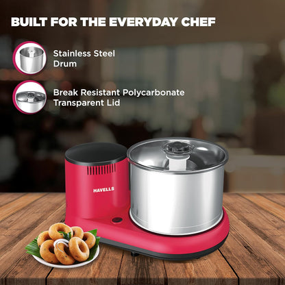 Havells Alai 2 L Table-Top Wet Grinder | Food Grade Stainless Steel Drum | 2N Grinding Stones | Coconut Scrapper| 150 Watts Motor| ABS Shock Proof Body| 2 Year Manufacturer Warranty (Pink)