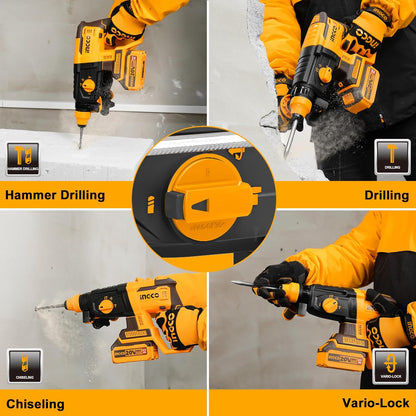 INGCO Cordless Rotary Hammer, Brushless Motor, 2.5J, Max.drilling capacity: Concrete: 26mm, SDS plus Chuck System CRHLI2026