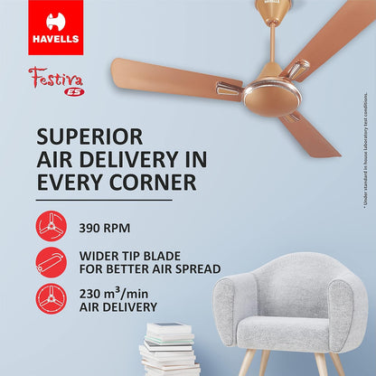 Havells 1200mm Festiva ES Ceiling Fan| Premium Finish|Energy Saving| Designer Fan for Home Decor|Elegant Looks| 230 m³/min Air Delivery| Hi-Speed Low Noise| 100% Copper Motor (Pack of 1, Pearl Copper)