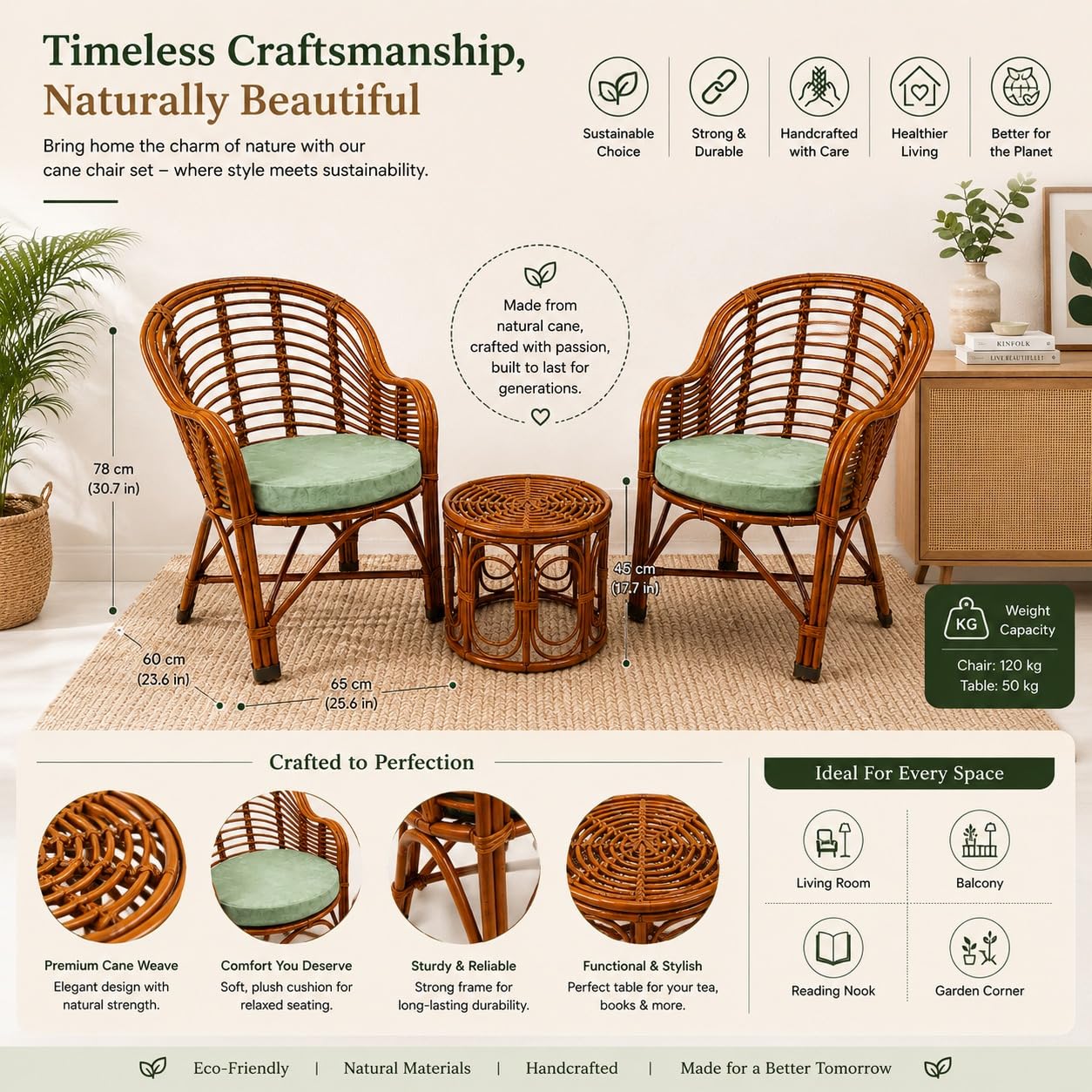 UdrCrafts® Premium Bamboo Chair Set with Table,Kursi,Garden Chairs with Table,Chairs for Living Room, Home, Dining Room, Bedroom, Kitchen, Office, Outdoor & Garden,Set of 2 Chairs & 1 Table, Brown Cane