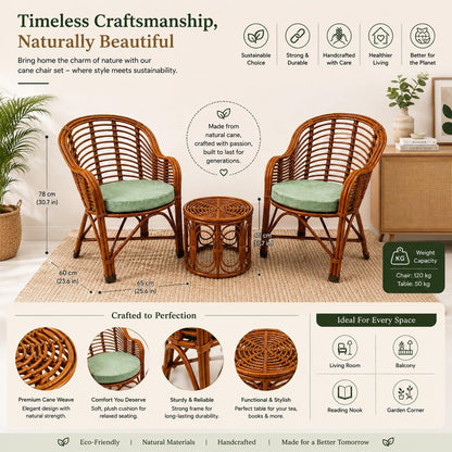 UdrCrafts® Premium Bamboo Chair Set with Table,Kursi,Garden Chairs with Table,Chairs for Living Room, Home, Dining Room, Bedroom, Kitchen, Office, Outdoor & Garden,Set of 2 Chairs & 1 Table, Brown Cane