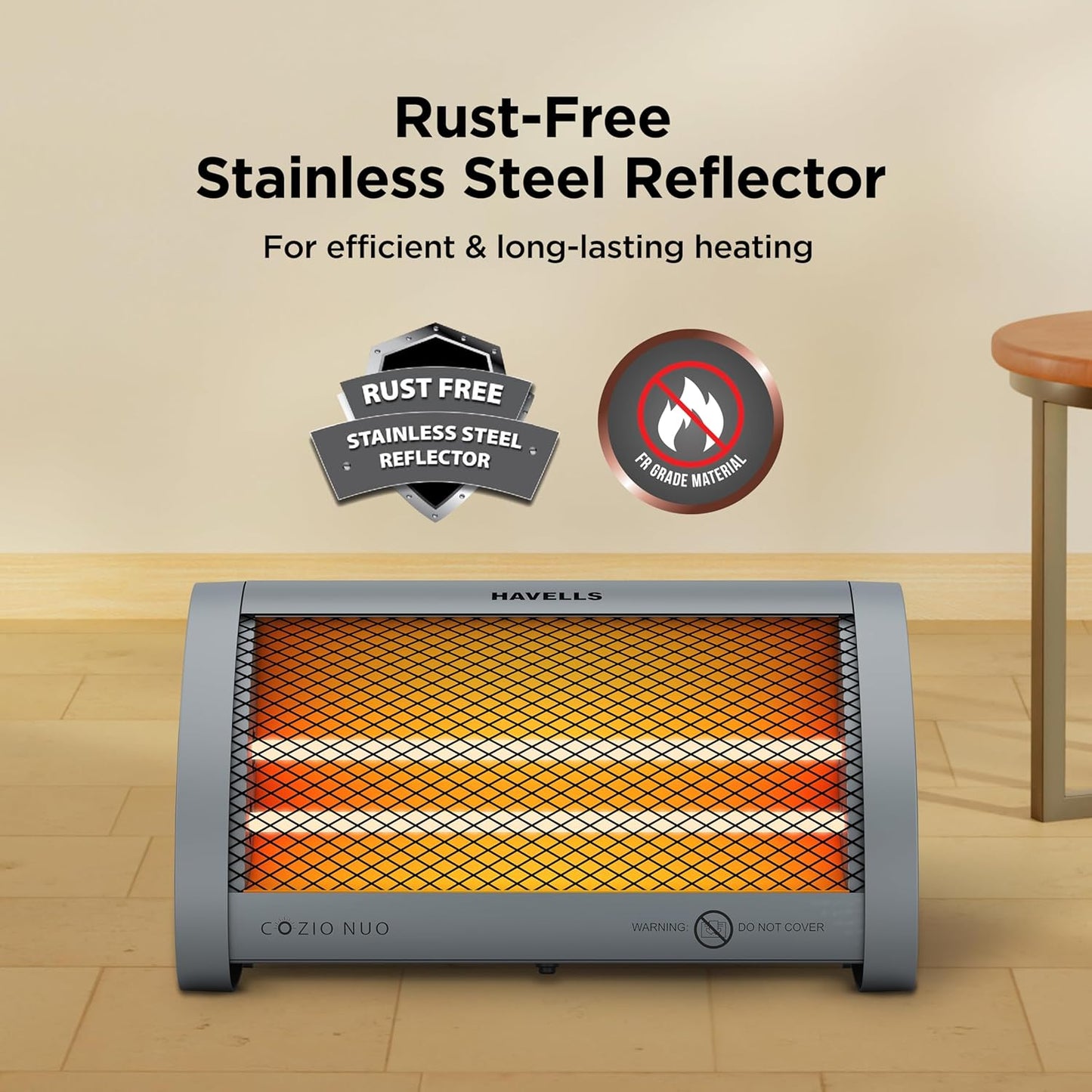 Havells Cozio Nuo Room Heater| Dual Heat Setting 400/800 Watt| Dual Quartz Heating Rods| Silent Operation| Tip Over Protection| Fire Retardant Material| Anti Rust Reflector| 2 Year Warranty(Grey)